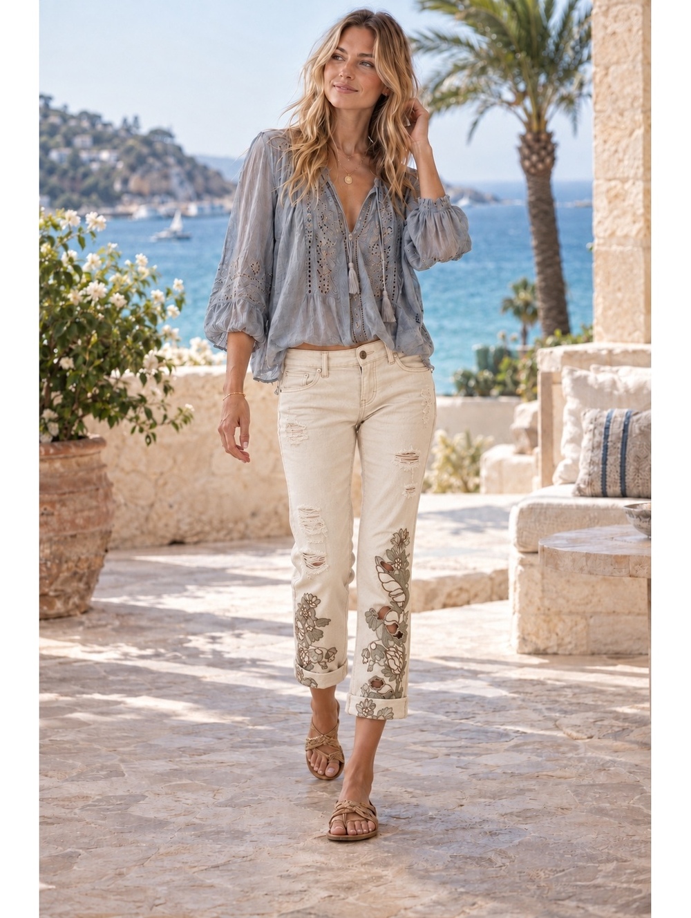 Free People Size 26 Cream Embroidered Cutwork Distressed Jeans – NWOT DEADSTOCK